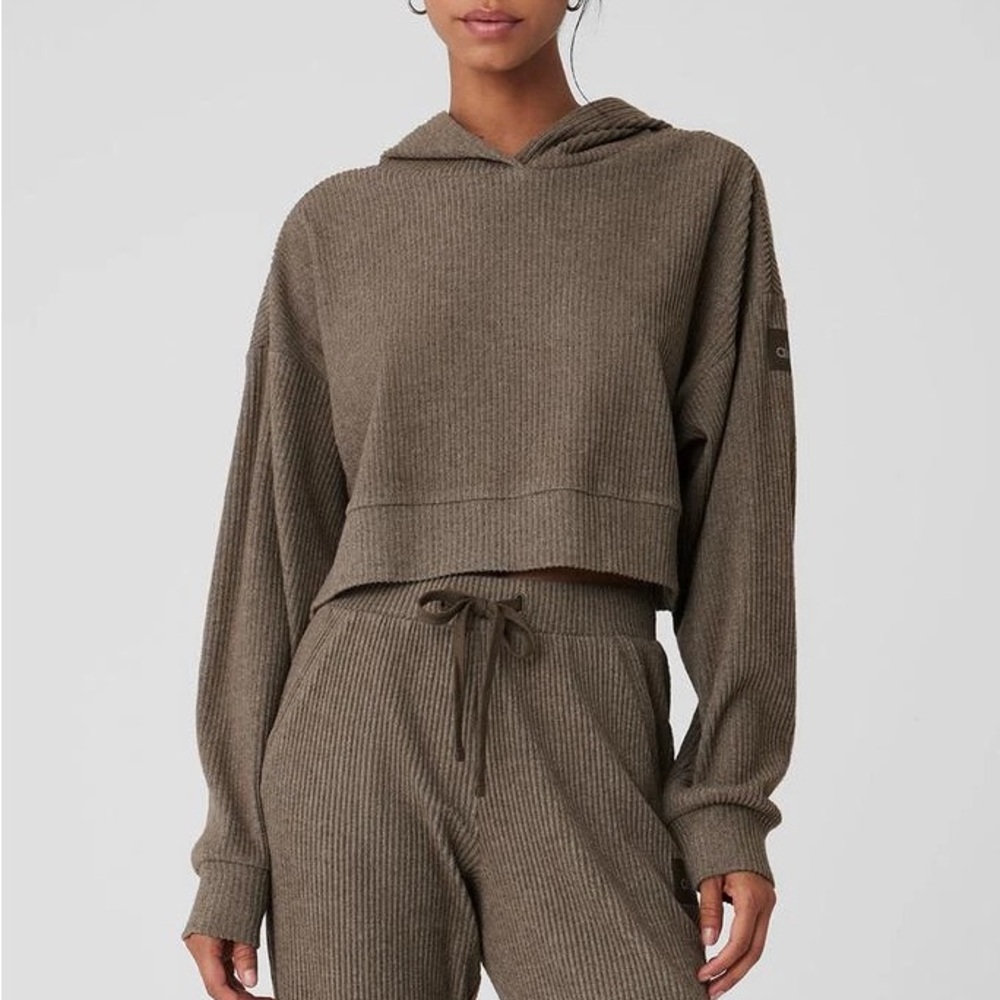 ALO Yoga muse crop hoodie ribbed XS olive tree heather
